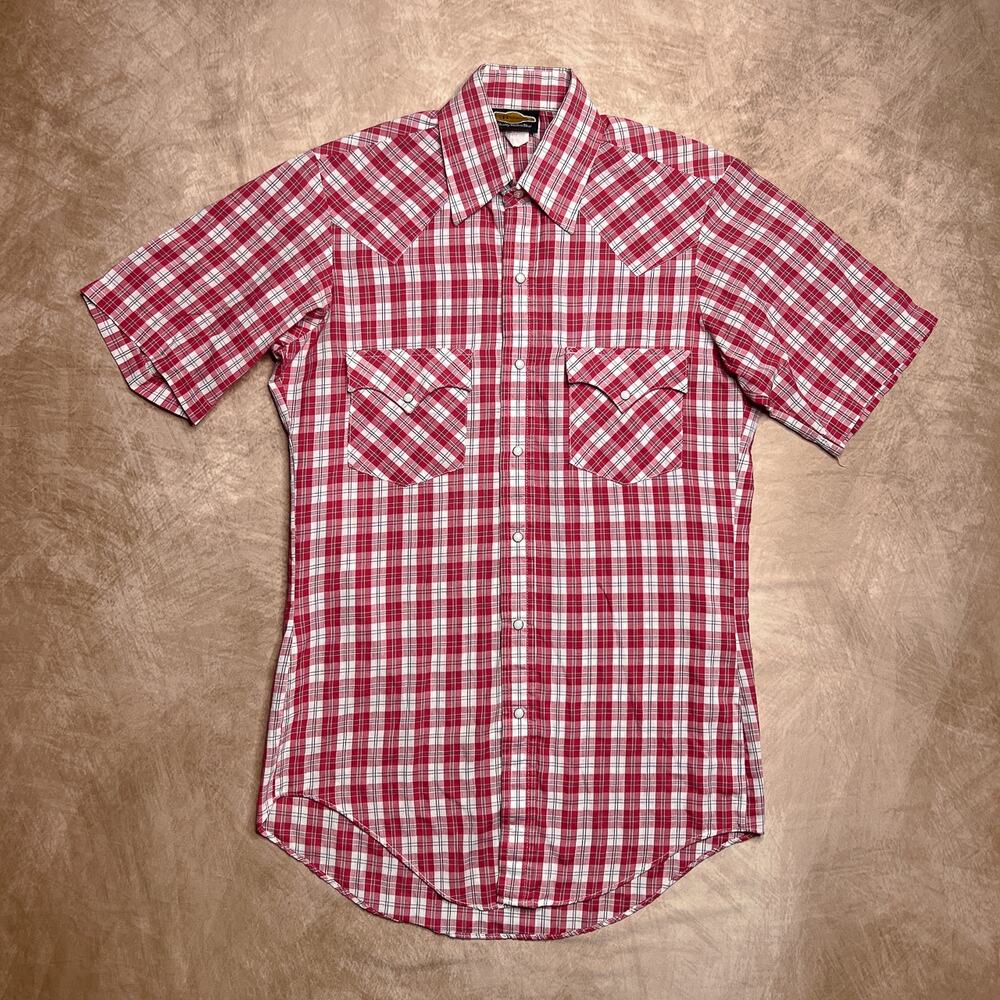 Vintage 80s Holt Western Shirt Red White Checkered Plaid Pearl Snap Short Sleeve